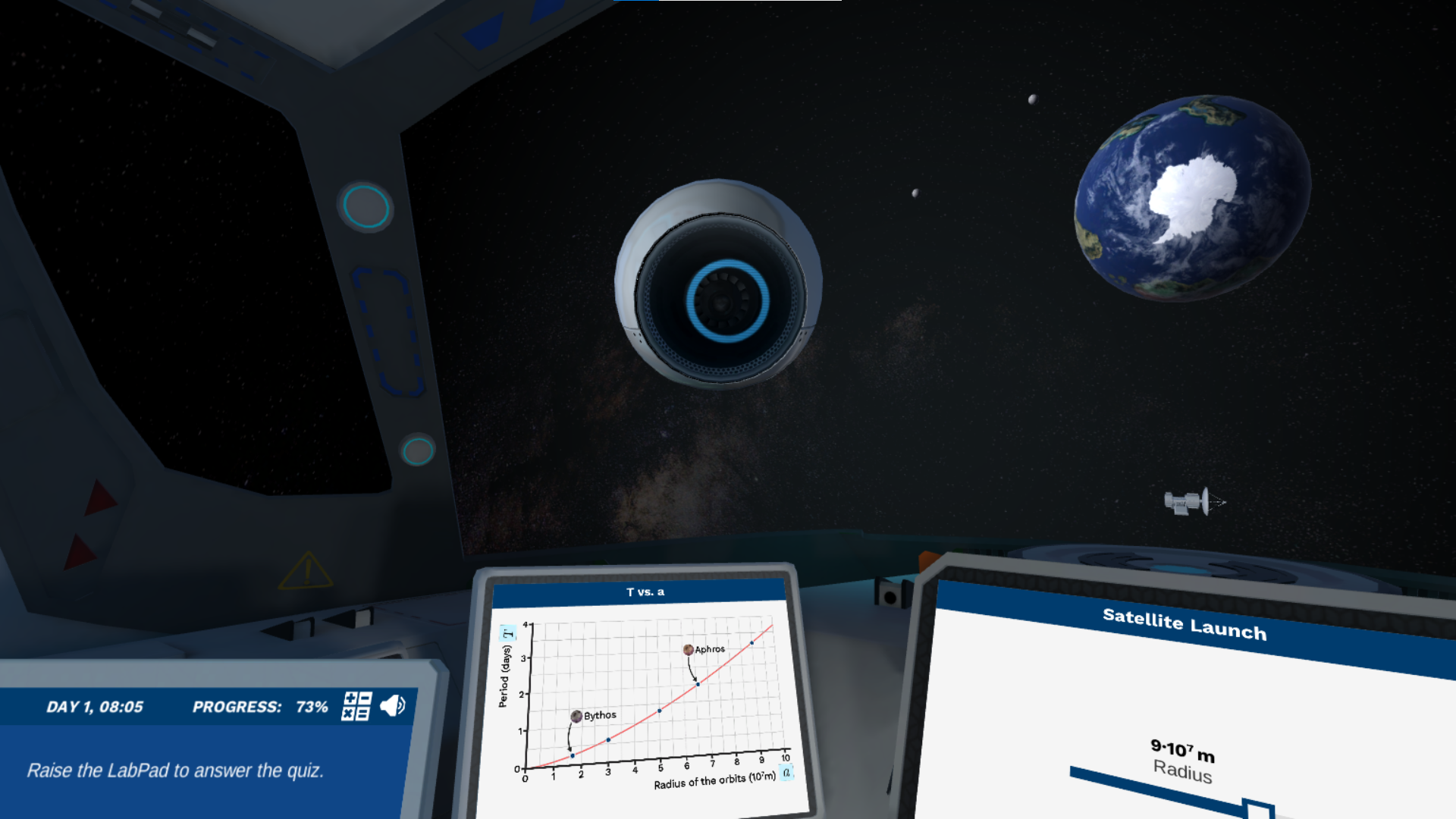 A scene inside a spaceship. At the bottom, a screen shows a graph of the relationship between the orbital period and the radius of orbits, and another screen shows a slider to select the radius of the orbit of a satellite.  Outside the ship, we can see the exoplanet Astakos IV, its two moons, and an artificial satellite whose orbit is controlled from the spaceship.