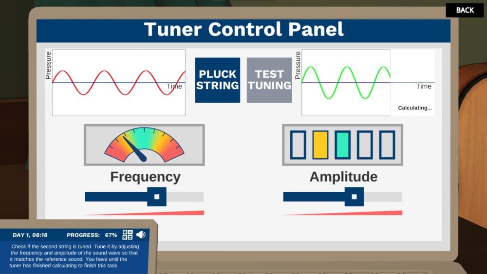 The screen of a laptop displays a page titled "Tuner Control Panel". On this page are two sinusoidal waveforms one of which appears to be incomplete and says "Calculating". There are two buttons between these graphs labeled "PLUCK STRING" and "TEST TUNING", the second of which is greyed out. Below this, there are some mechanical dials and two sliders labeled "Frequency" and "Amplitude". The Labpad displays the instructions "Check if the second string is tuned. Tune it by adjusting the frequency and amplitude of the sound wave so that it matches the reference sound. You have until the tuner has finished calculating to finish this task.".