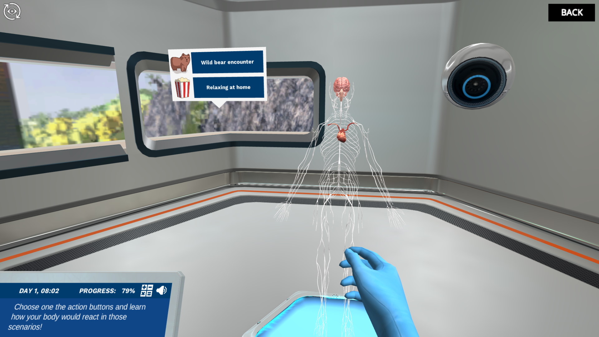 通过在两种情况之间进行选择，用户可以了解交感神经和副交感神经系统及其对身体的影响之间的差异。