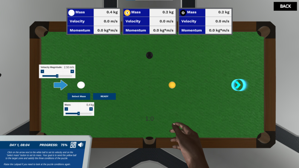 Open menus to set the initial velocity and the mass of a cue ball. The ball will start moving after the user presses the 'READY' button and eventually collide with another billiard ball. The parameters of the motion of the two balls will be displayed in real-time in the upper part of the screen. 