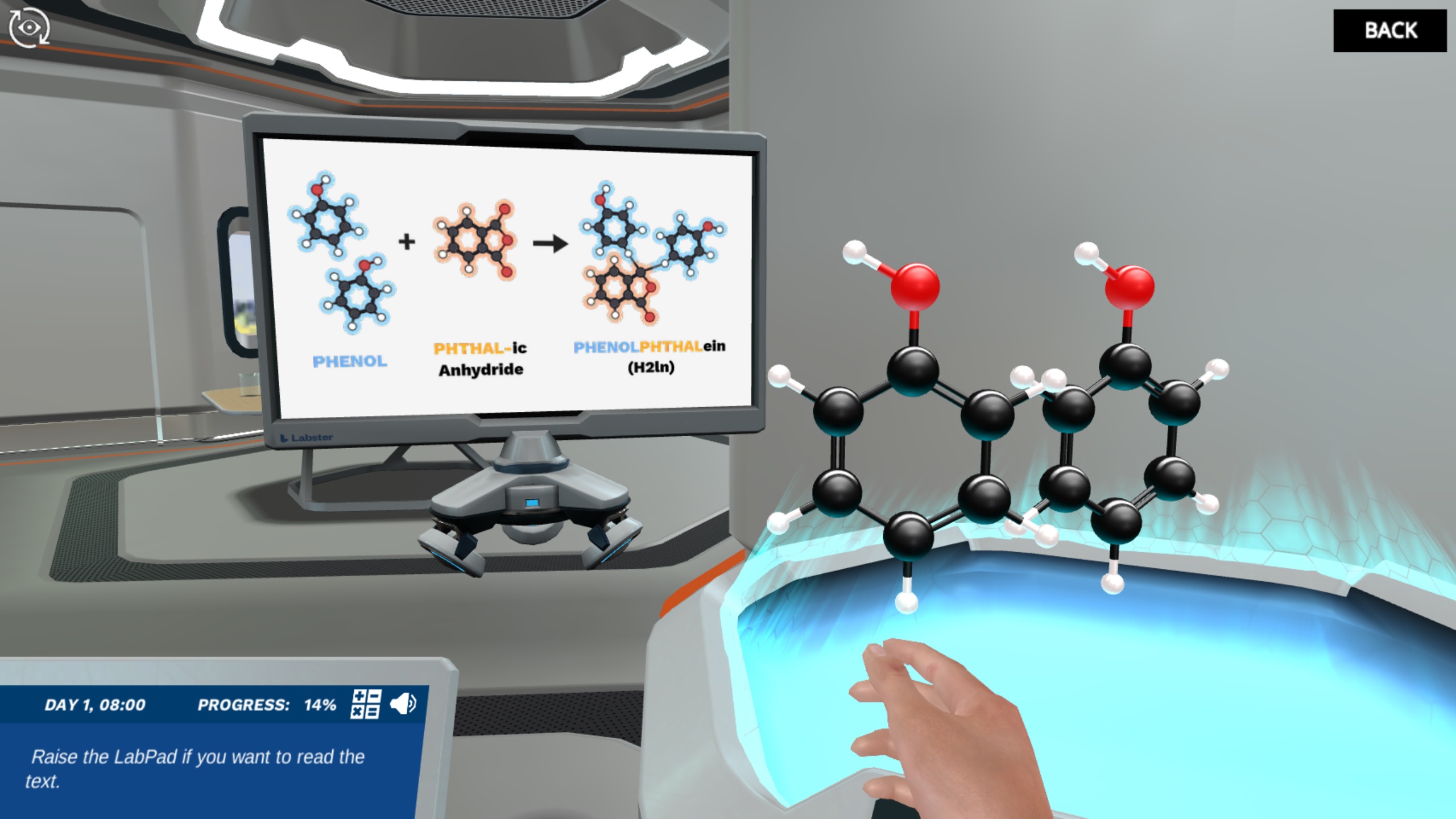 Image shows phenol molecules on the holo-table and the hovering screen showing how it is used to make phenolphthalein.