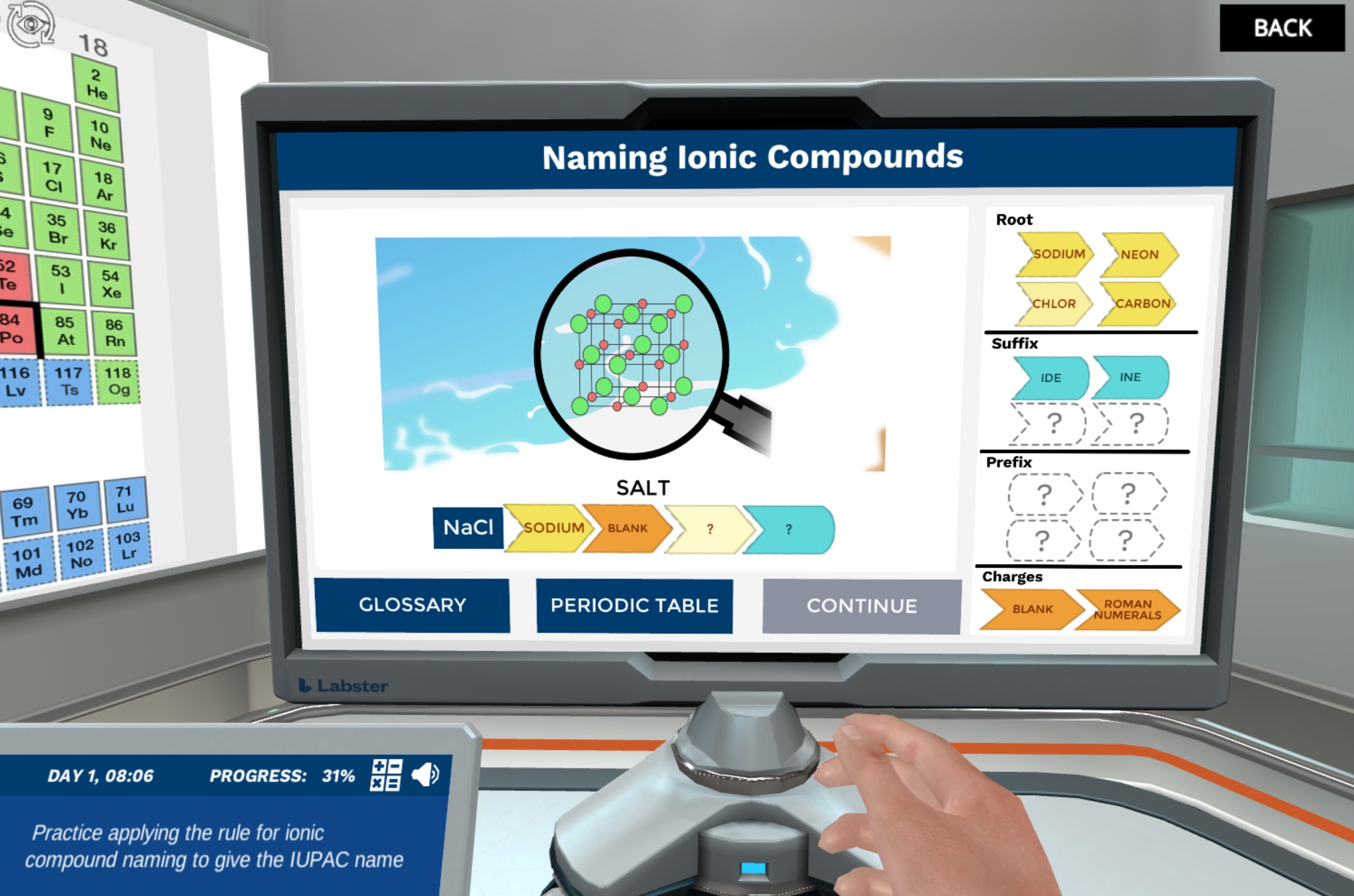 In the first learning activity, place the correct cards to complete the IUPAC name of NaCl.