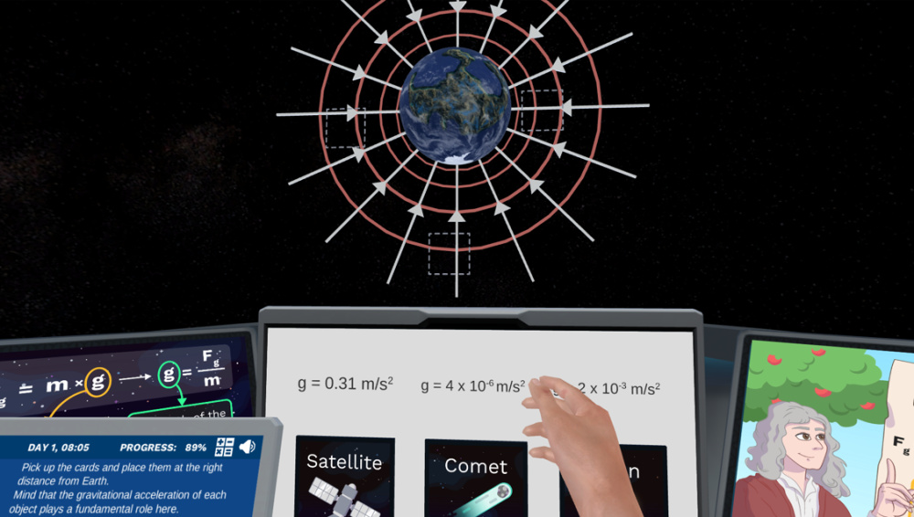 This image shows the gravitational field lines of Earth from space. On the hovering screen, there are three cards representing, a satellite, a comet, and the moon. Students will have to position them at the right distance from the Earth, taking into account the gravitational acceleration that each object will experience in the Earth's gravitational field. 
