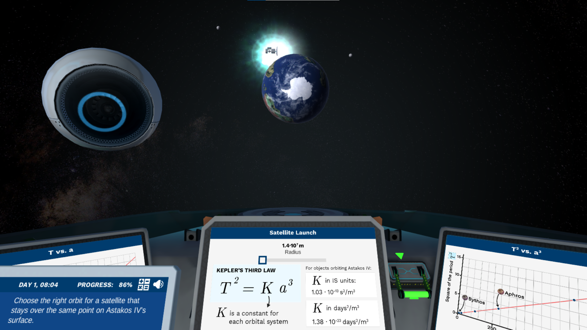 An artificial satellite crashes into the exoplanet Astakos IV. Inside a spaceship, we see a graph and a formula on Kepler's third law and a slider to control the radius of the satellite's orbit.