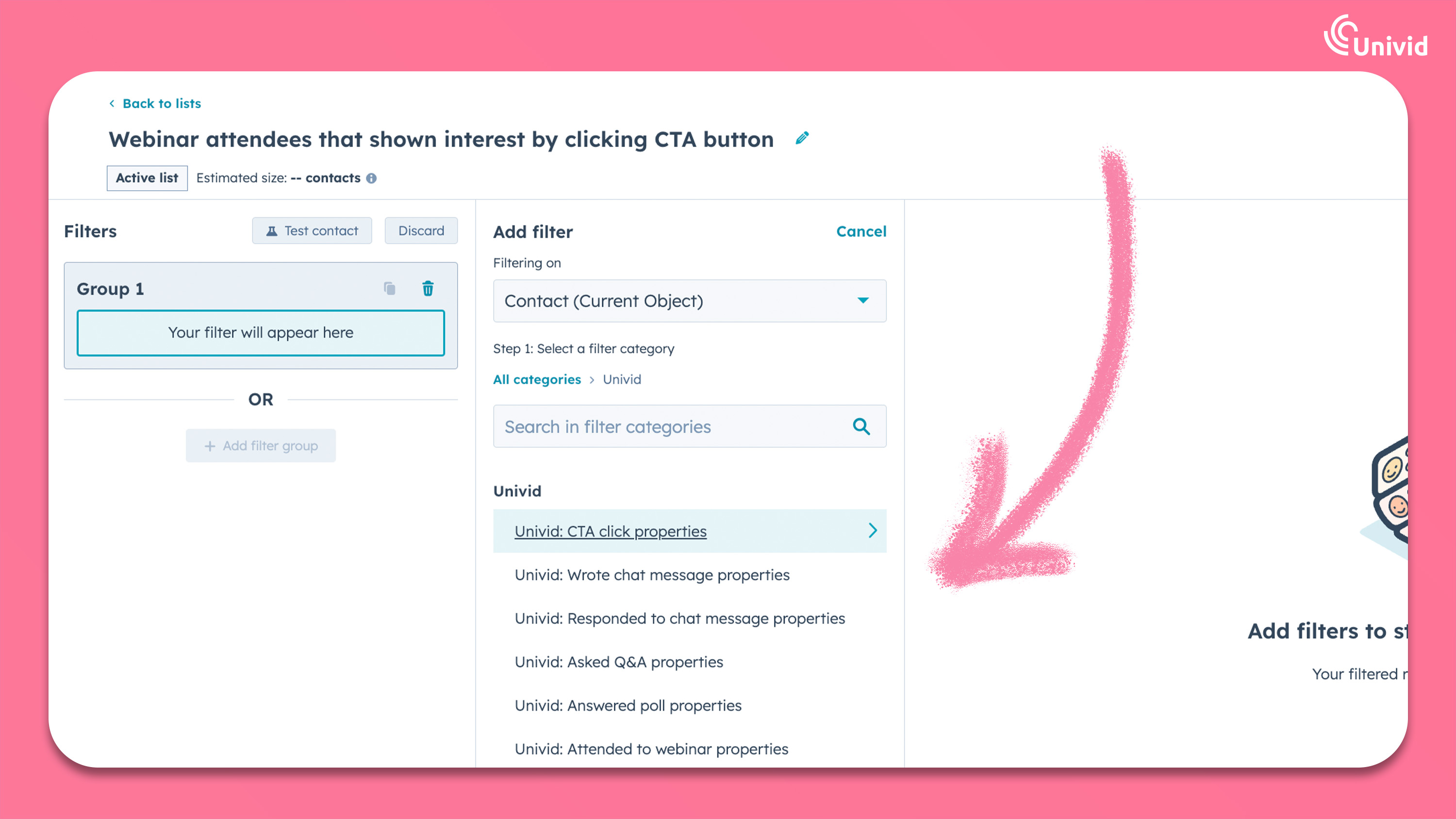 HubSpot webinarintegration - Skapa listor med hjälp av custom filters - Univid