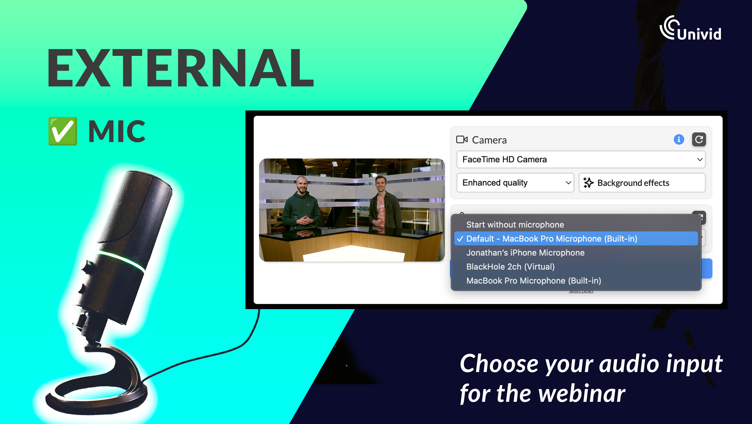 Choose external audio input and microphone for your webinar