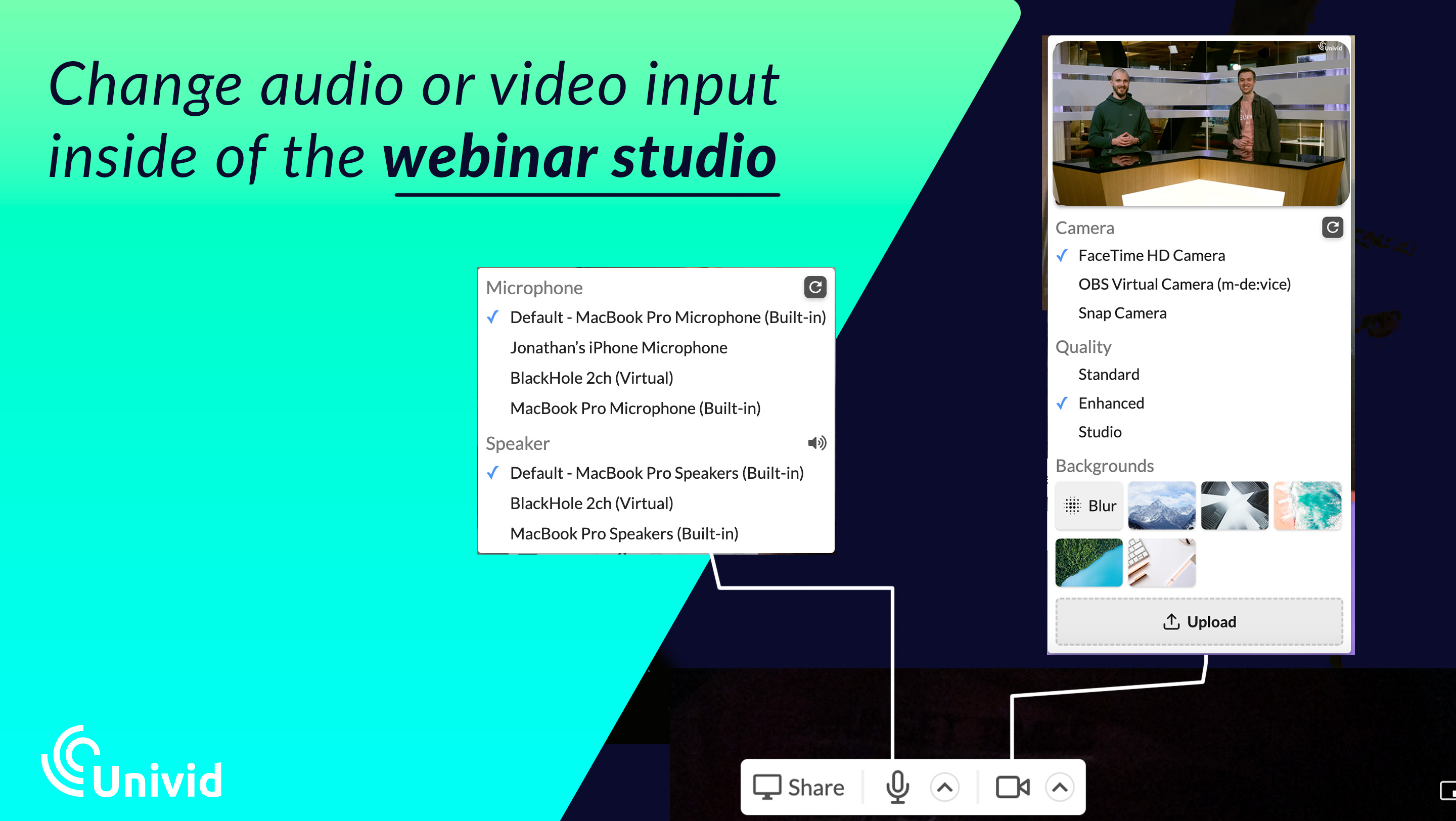 Change video or audio input when inside of the webinar studio