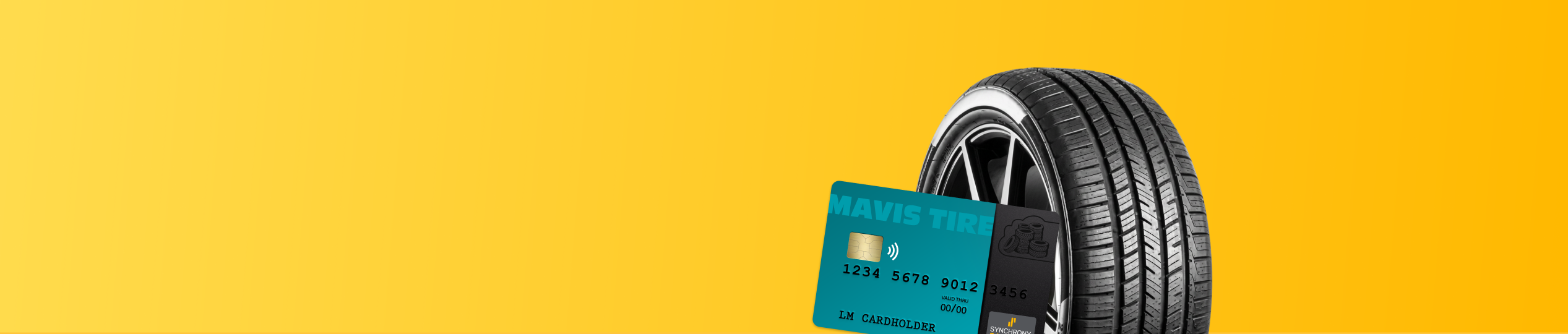 Black tire with silver rim leaning against a teal credit card on a bright yellow background.