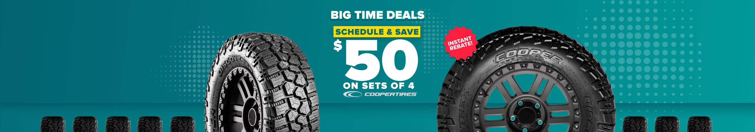 Teal promotional banner advertising $50 savings on sets of 4 Cooper tires.