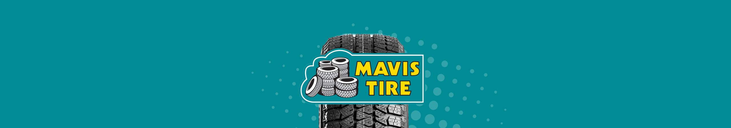 Mavis Tire logo with stacked tires illustration on a teal background with decorative dots and tire tread pattern.