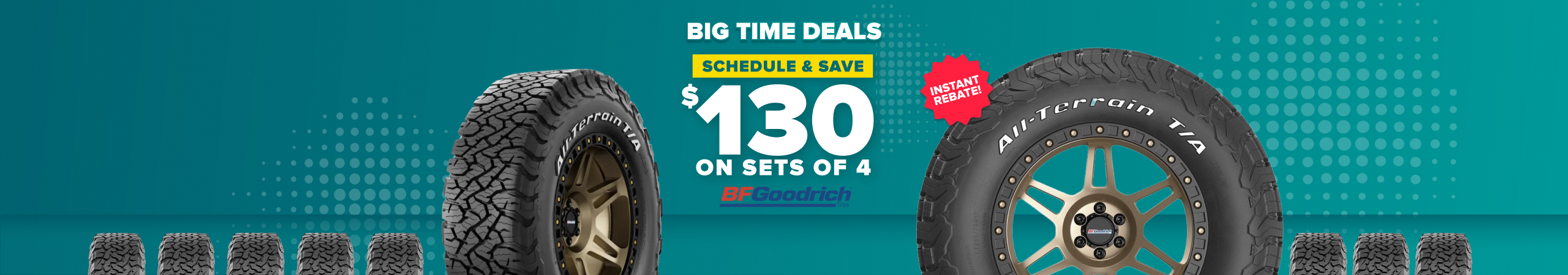 Promotional banner showing off-road tires with text offering $130 savings on sets of 4 BFGoodrich tires on teal background.