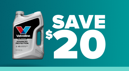 Valvoline motor oil bottle on teal background with white text reading Save $20