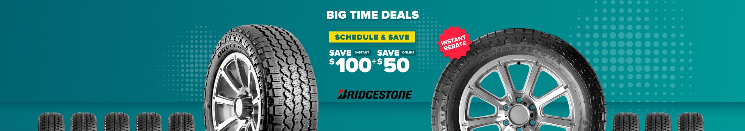 Bridgestone tire promotion banner showing tires on teal background with text advertising savings up to $100 instant rebate.