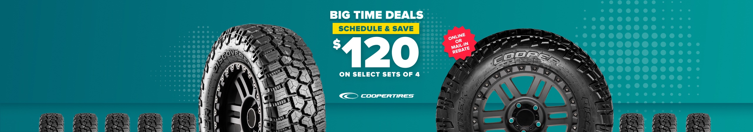 Promotional banner for Cooper Tires showing off-road tires on teal background with text advertising $120 savings on sets of 4.
