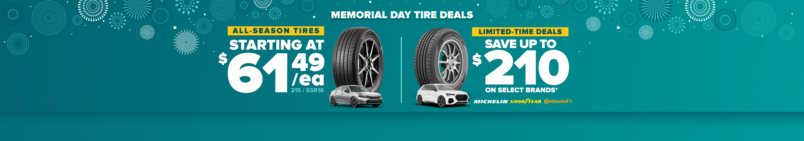 Memorial Day tire deals banner showing all-season tires starting at $61.49 each and savings up to $210 on select brands.