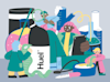 Cartoon image of people doing science with, beakers, flasks, and a Huel shaker