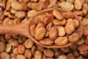faba beans on a wooden spoon held over over faba beans