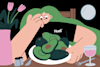 Cartoon woman wearing a Huel t-shirt with a plate of avocados in-front of her
