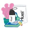 Cartoon image of a Huel shaker, a pouch of Huel Original Powder, book, pencil, phone, and plant
