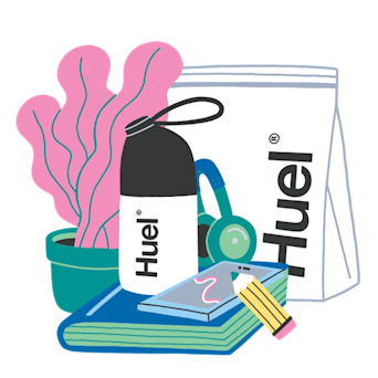 Cartoon image of a Huel shaker, a pouch of Huel Original Powder, book, pencil, phone, and plant