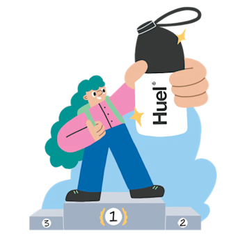 Cartoon image of a woman standing on position 1 of a podium proudly holding a Huel shaker