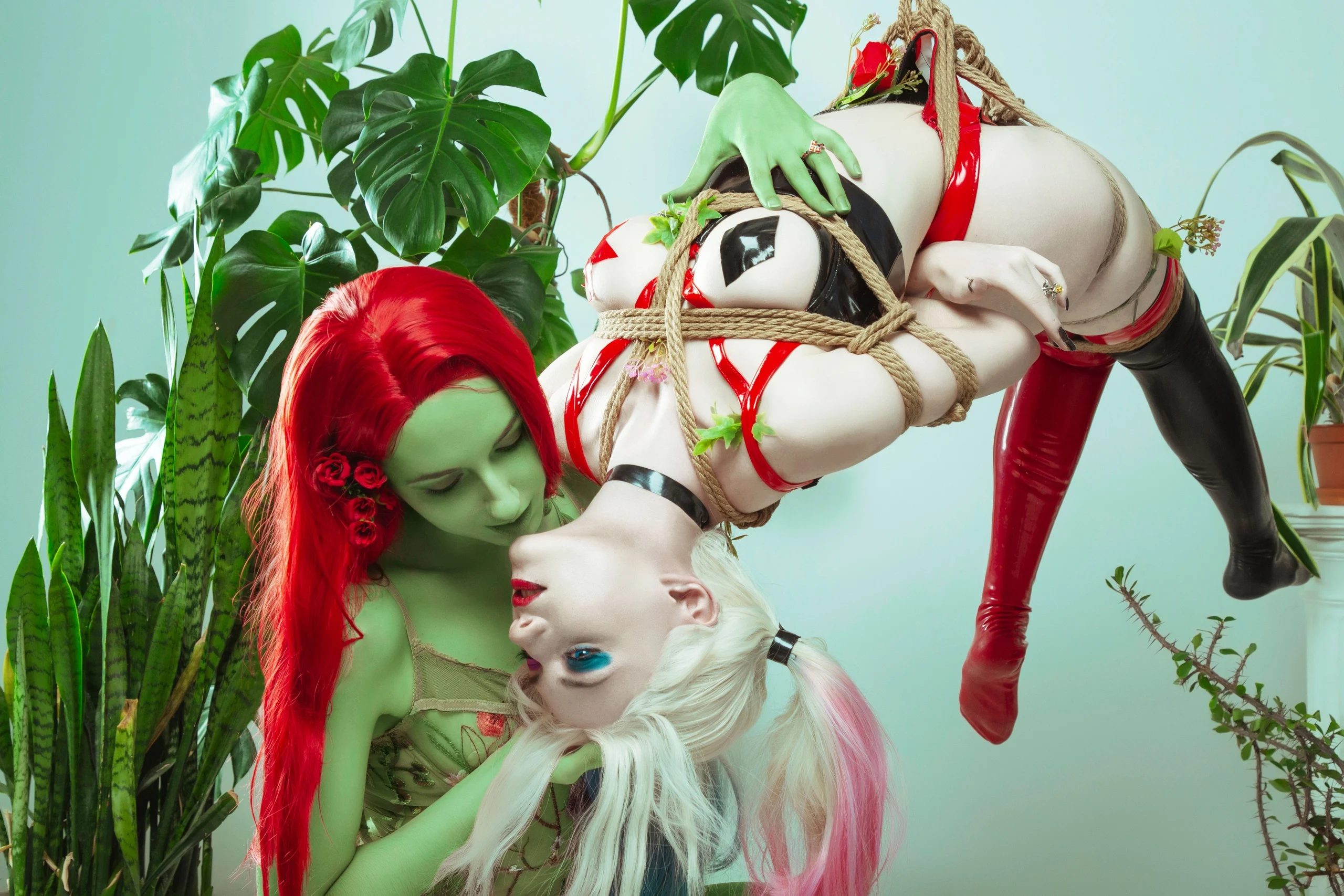 Harley Quinn and Poison Ivy suspension shibari