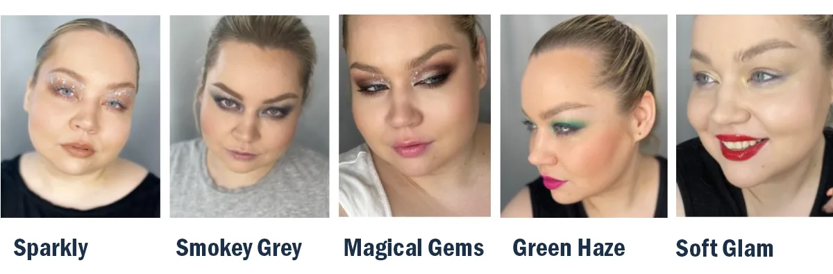 Viisi erilaista meikki-look kuvaa naisen kasvoilla
