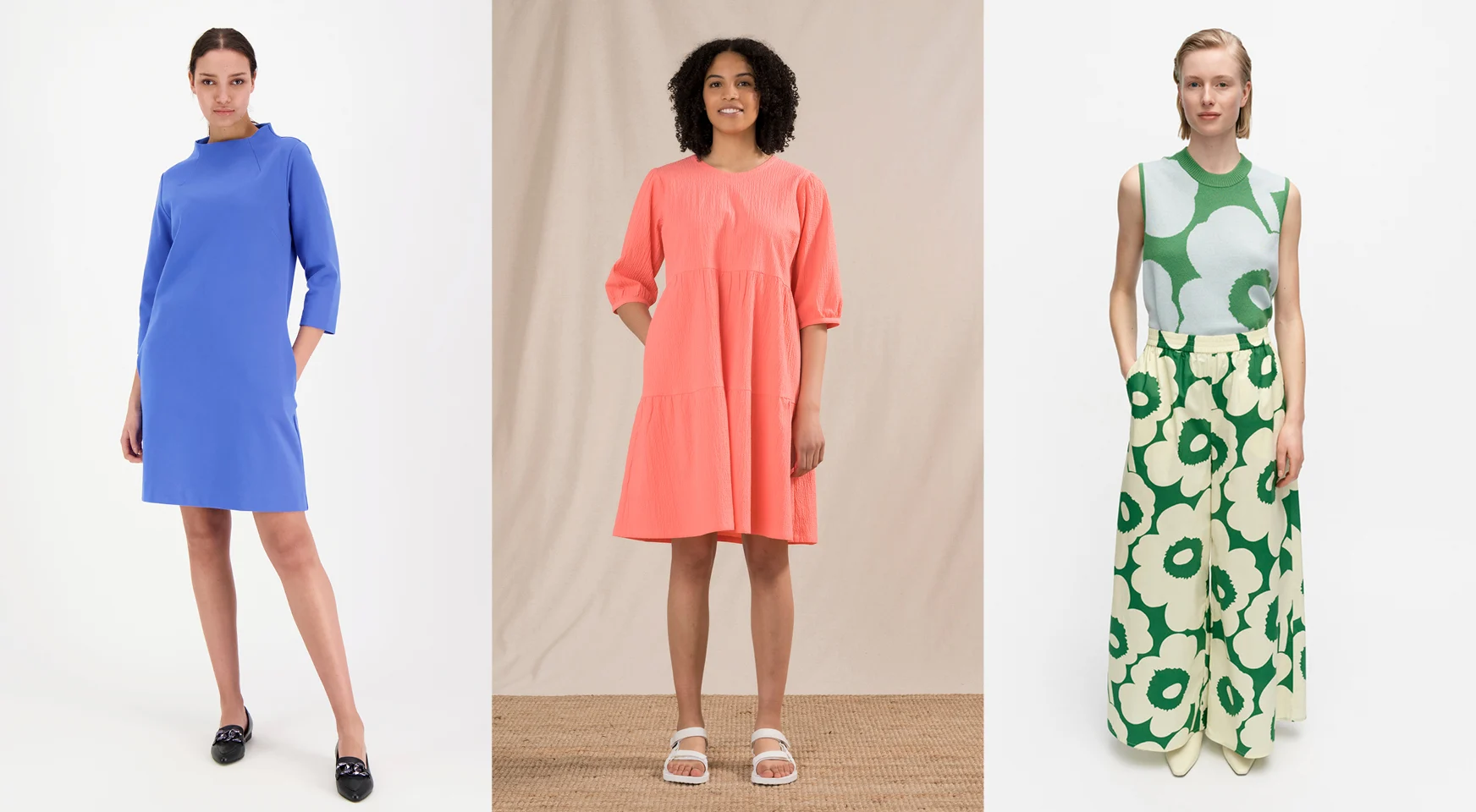 Kuvassa naisia, joilla on päällä Suomi-design vaatteita. Papu design sininen mekko, R-collection oranssi mekko ja Marimekko Unikko housut. 