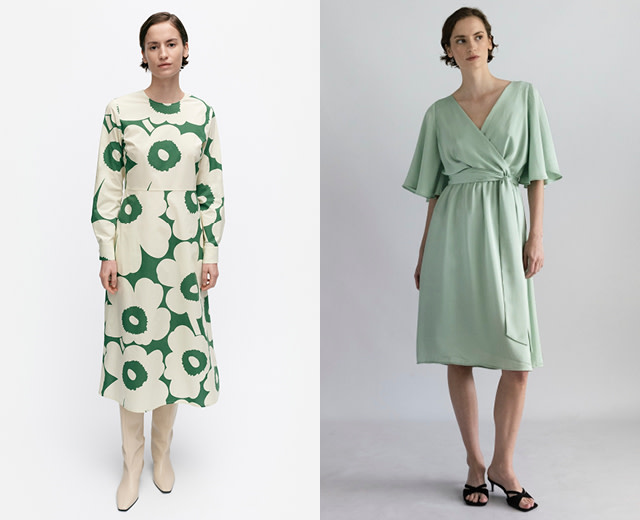 Kuvassa naisia, joilla päällä Suomi-design vaatteita, Marimekkoa ja Katri Niskasta