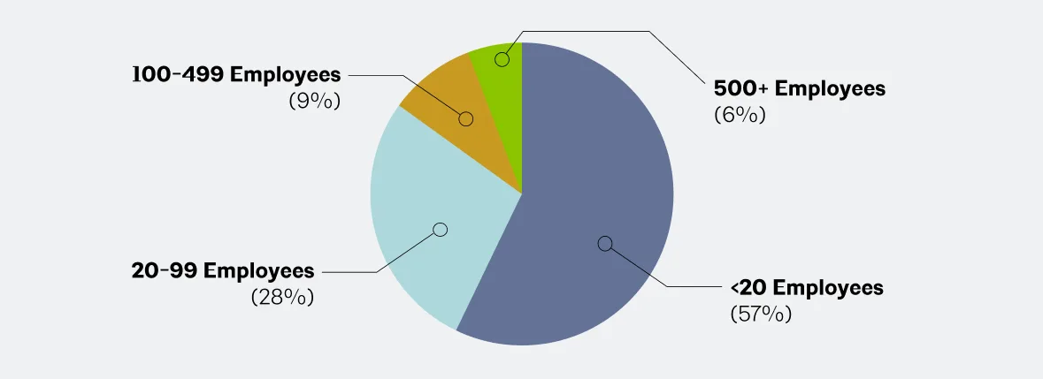 A pie chart illustrating employee distribution across categories: less than 20 employees (57%), 20-99 employees (28%), 100-499 employees (9%), and 500+ employees (6%). Each segment is color-coded with corresponding percentage labels.