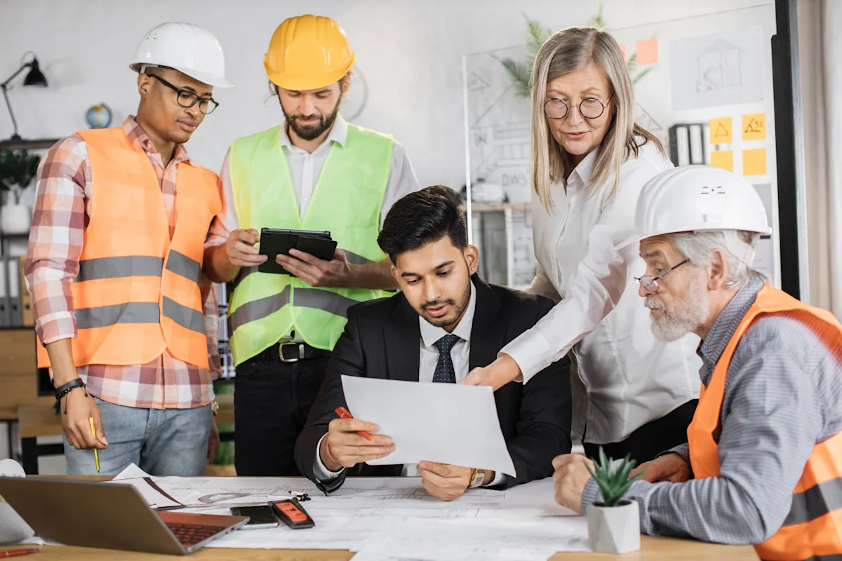 A diverse group of professionals in a construction meeting. Five individuals, including a man in a suit and four others in safety vests and hard hats, are discussing documents and plans at a table with construction blueprints and a laptop.