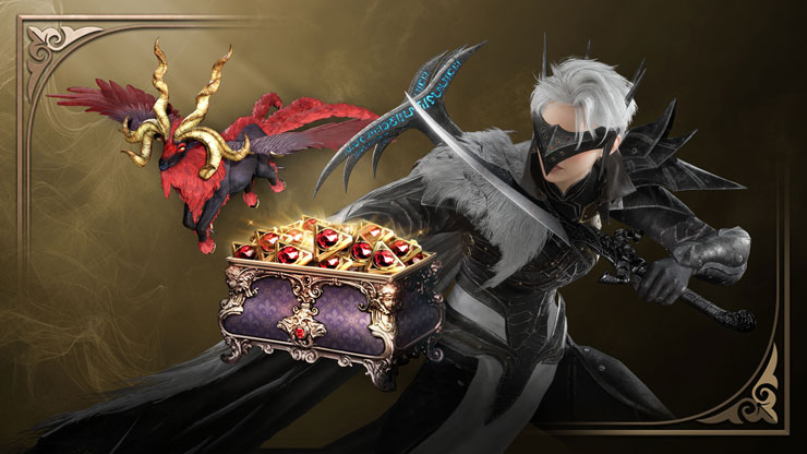 A winged red dragon, decorated treasure chest, and warrior in dark armor with twin blades posed against a misty golden backdrop.