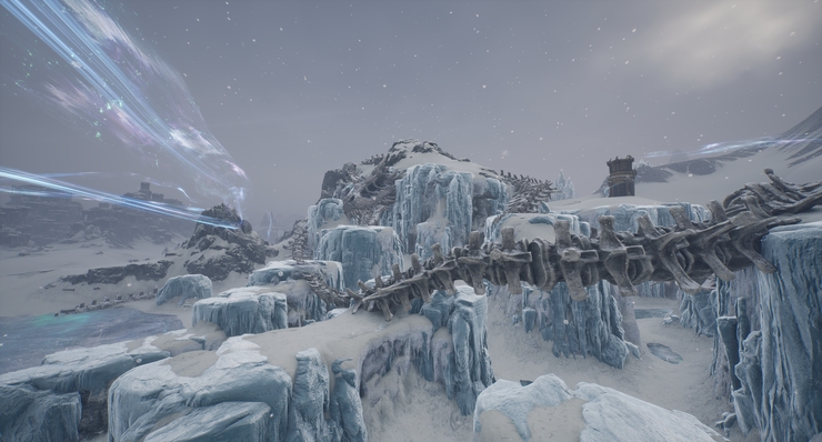 Frozen ruins where giants once dared challenge the gods. Their frozen monuments and a dragon's remains are all that endure.