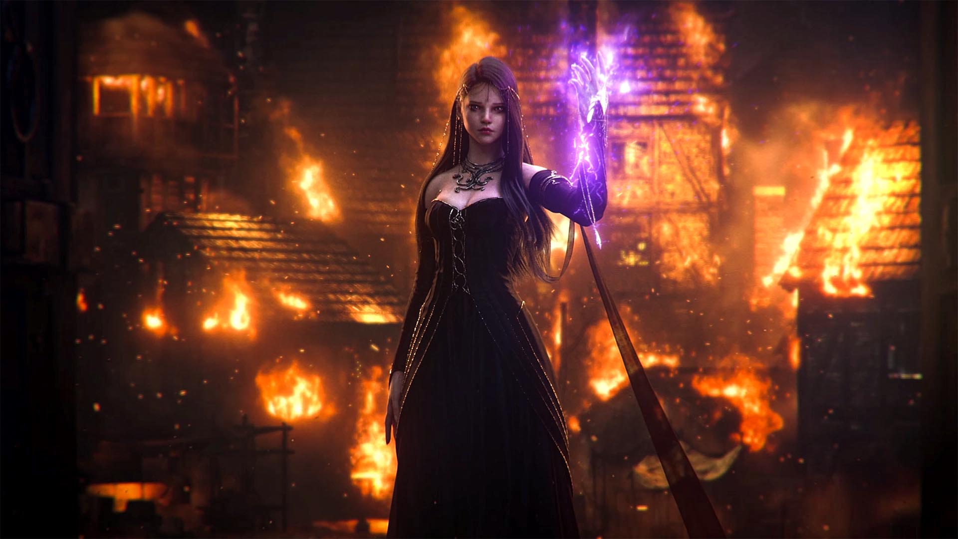 Character Calanthia stands in a black dress, long dark hair, purple light glows from her hand, a town burns behind her