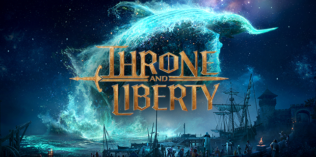A fantasy harbor scene from Throne and Liberty showing players gathered beneath a glowing ethereal creature manifestation in the night sky above sailing ships and fortified structures.