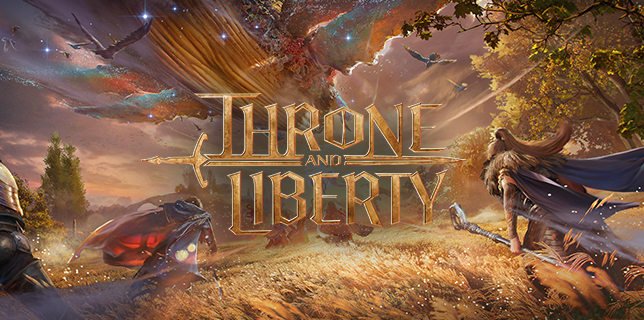 A fantasy scene from Throne and Liberty showing the game logo and a golden field.
