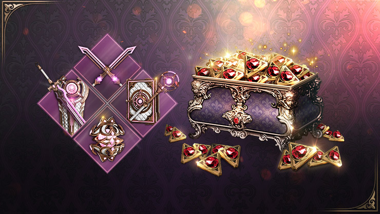 Eine goldverzierte Schatztruhe, die vor rot funkelnden Gegenständen überquillt. Ein violettes Rautenmuster zeigt magische Artefakte vor. Funkeln und warmes Licht schaffen eine Fantasy-Spiel-Atmosphäre.