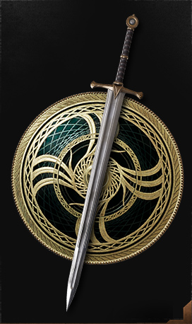 Image of combat sword and round shield with gold and green trim 