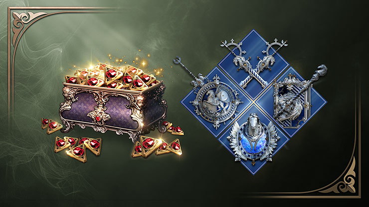 An ornate purple treasure chest with red gemmed decorations sits beside four blue diamond-shaped class emblems featuring medieval weapons and insignias.