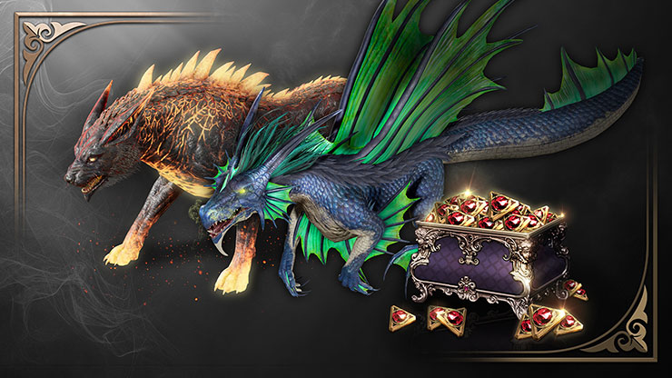 Two fierce dragons - one fiery brown and one blue-scaled with green fins - stand beside an ornate treasure chest with scattered rewards.
