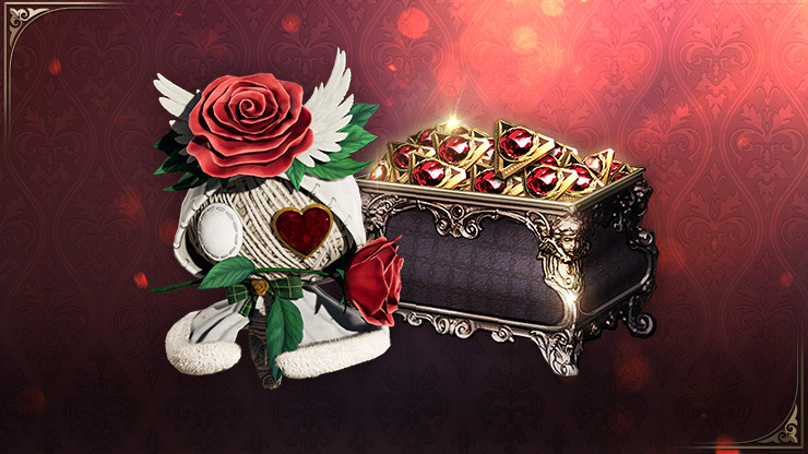 Verzierte Schatztruhe mit juwelenbesetztem Deckel neben einem dekorativen Schädel mit roten Rosen und weißen Flügeln auf einem romantischen Hintergrund mit Rottönen.