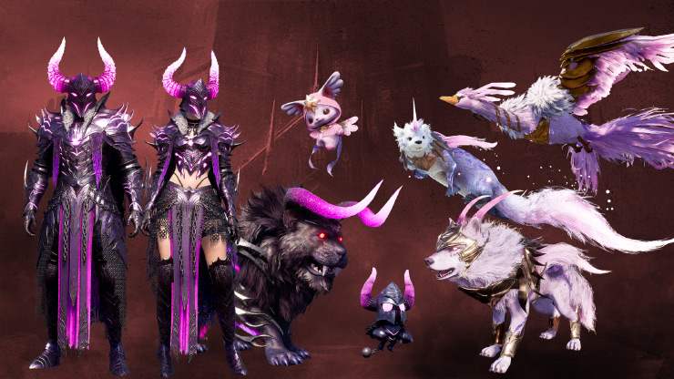 Two humanoid figures stand in menacing black and purple armor are accompanied by five magical creatures wearing intricate armor.