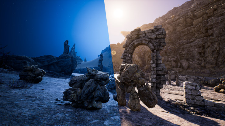 La imagen de un muro protector frente a una montaña. La parte izquierda muestra el día mientras que la izquierda muestra la noche. 