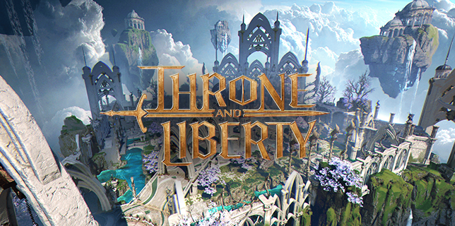 A fantasy scene from Throne and Liberty showing the game logo and floating islands.