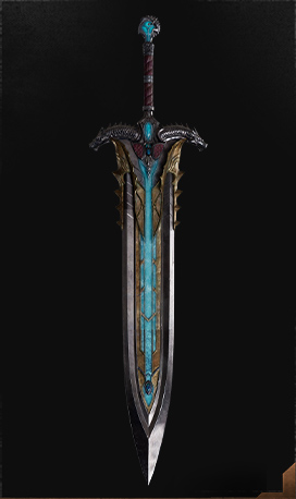 Image of a greatsword, a big, heavy, wide, steel sword with light blue down the middle.