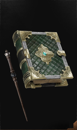 Image of wand with a jewel on the top next to a heavy old tome that looks like a spell book or ancient textbook 