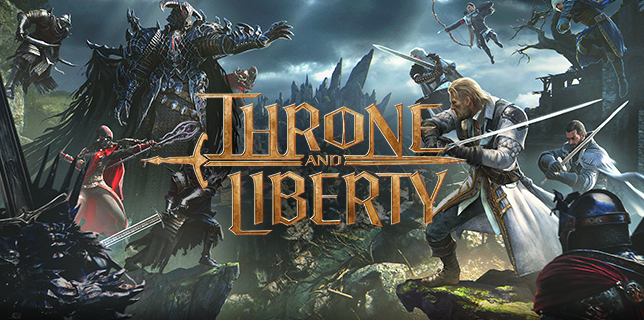 Epic battle scene showing warriors clashing with monsters beneath stormy skies. Golden "Throne and Liberty" logo overlays dramatic fantasy combat artwork.