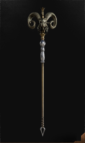 長い金属製の杖の先は尖っており、杖の上部には戦闘相手を脅かす雄羊の角と頭蓋骨が付いている。