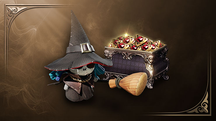 A mysterious figure in wizard's robes and pointed hat stands next to a decorated treasure chest and magical staff in a smoky atmosphere.