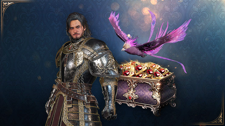 Ein gepanzerter Ritter mit langem, dunklem Haar steht neben einer verzierten Schatztruhe voller Juwelen. Ein magischer Vogel in Lila mit flatternden Bändern fliegt vor einem blauen Hintergrund.